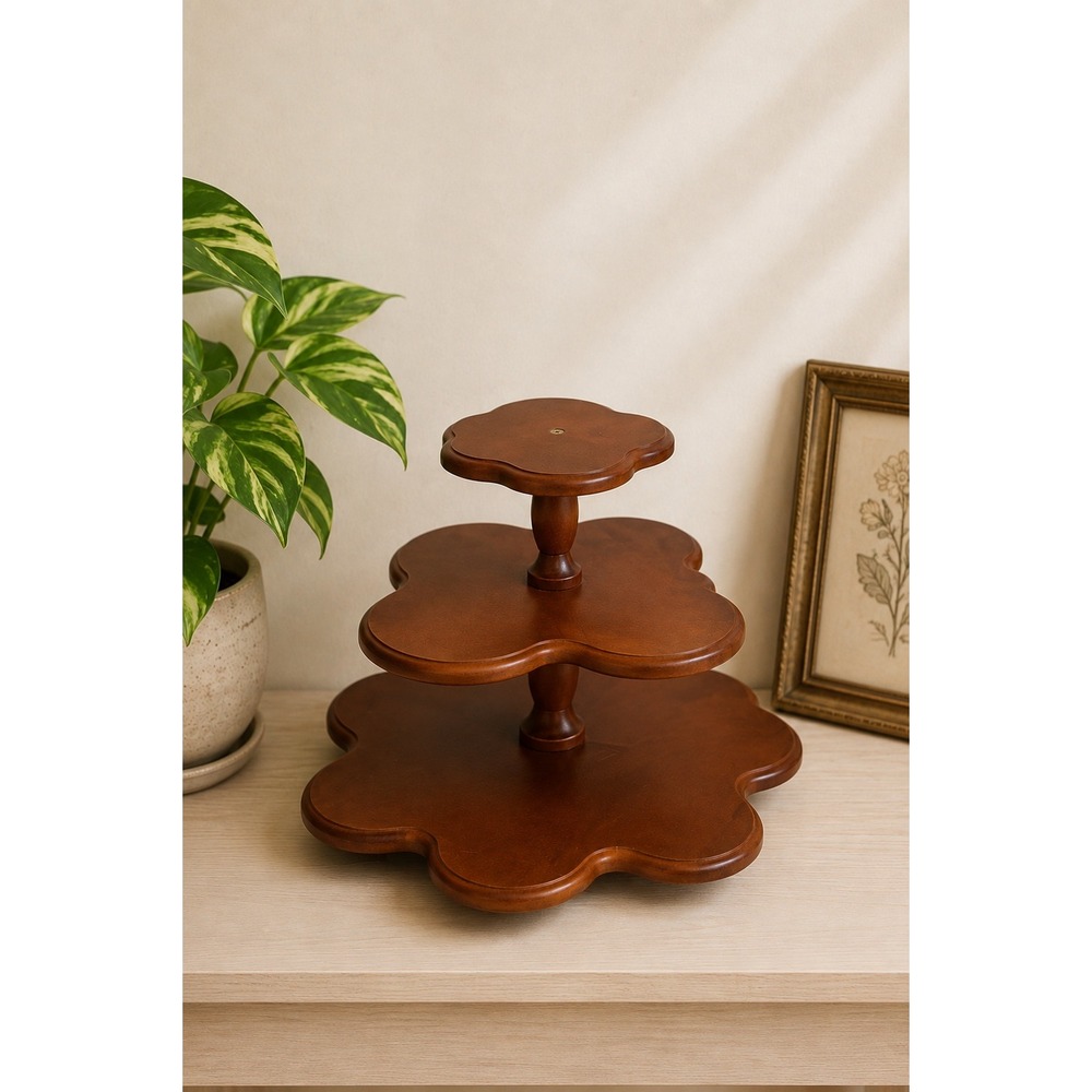 Vintage 3 Tier Wood Display Stand Floral Scalloped Riser Collectibles Decor MCM
